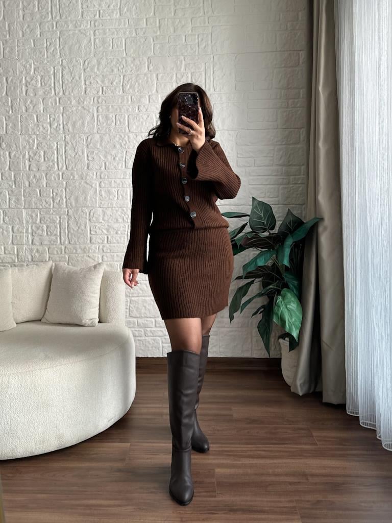 İspanyol Kol Hırkalı Mini Etekli Triko Takım Kahverengi