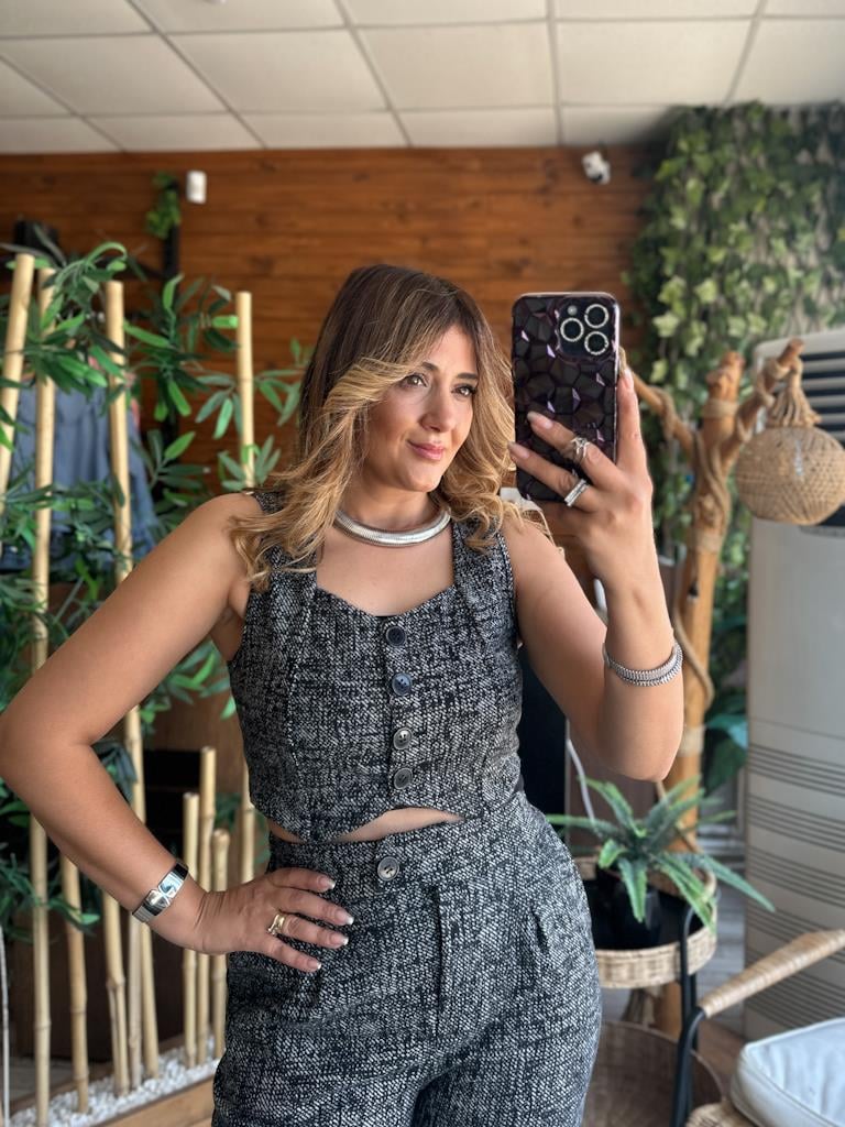 Jakar Kumaş Düğmeli Crop Yelek