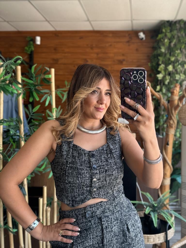 Jakar Kumaş Düğmeli Crop Yelek