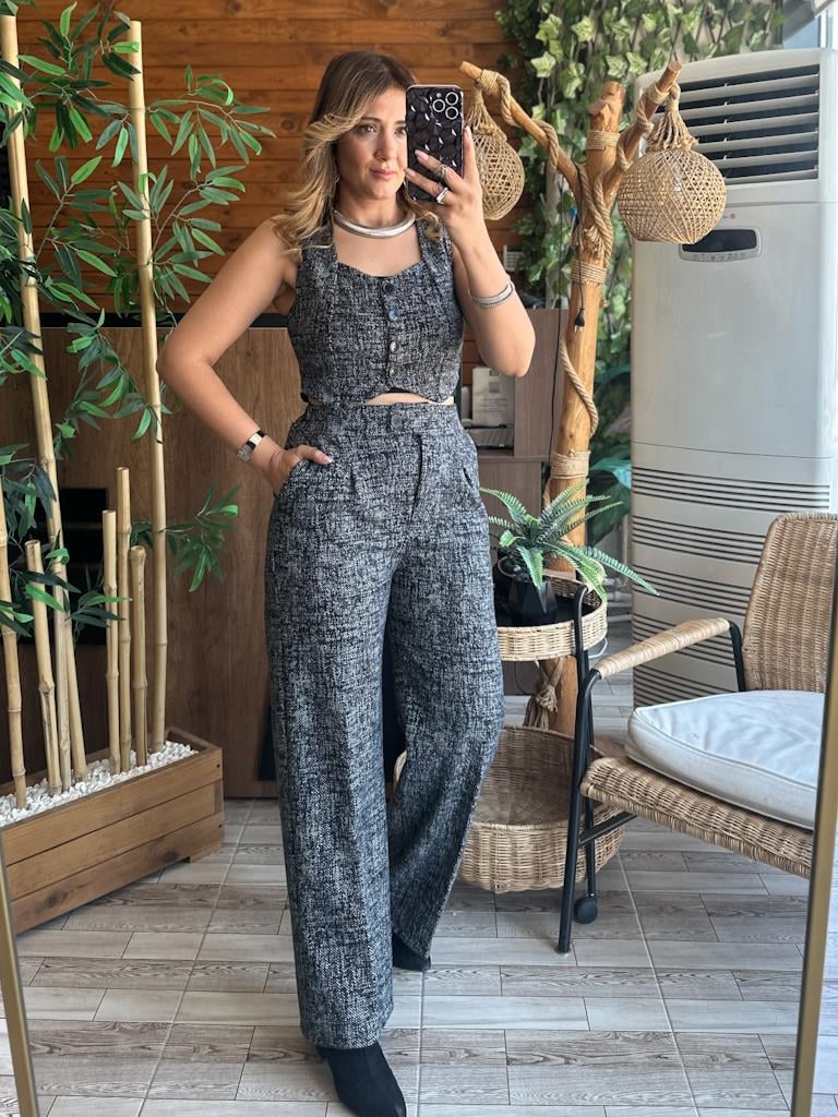 Jakar Kumaş Düğmeli Crop Yelek