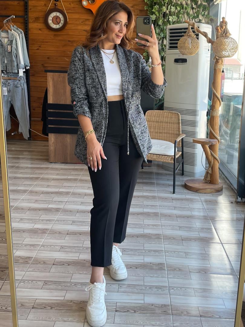 Jakar Kumaş İpli Ceket Gri