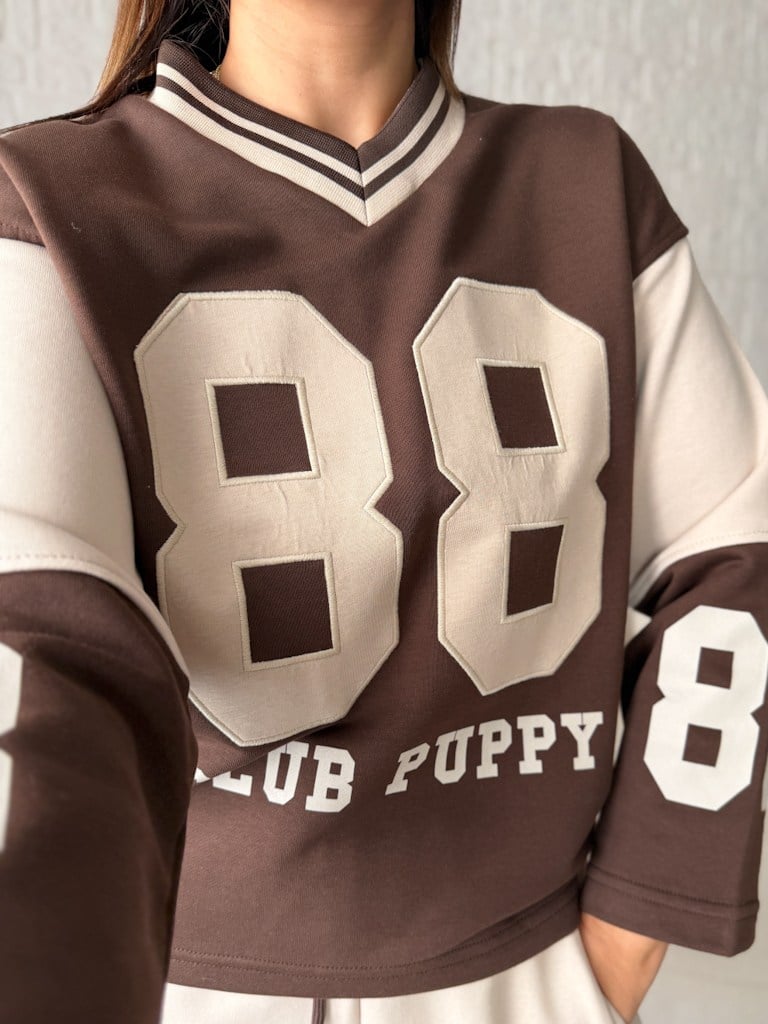 Kahve Bej V Yaka 88 Nakışlı İki iplik Pamuk Sweat