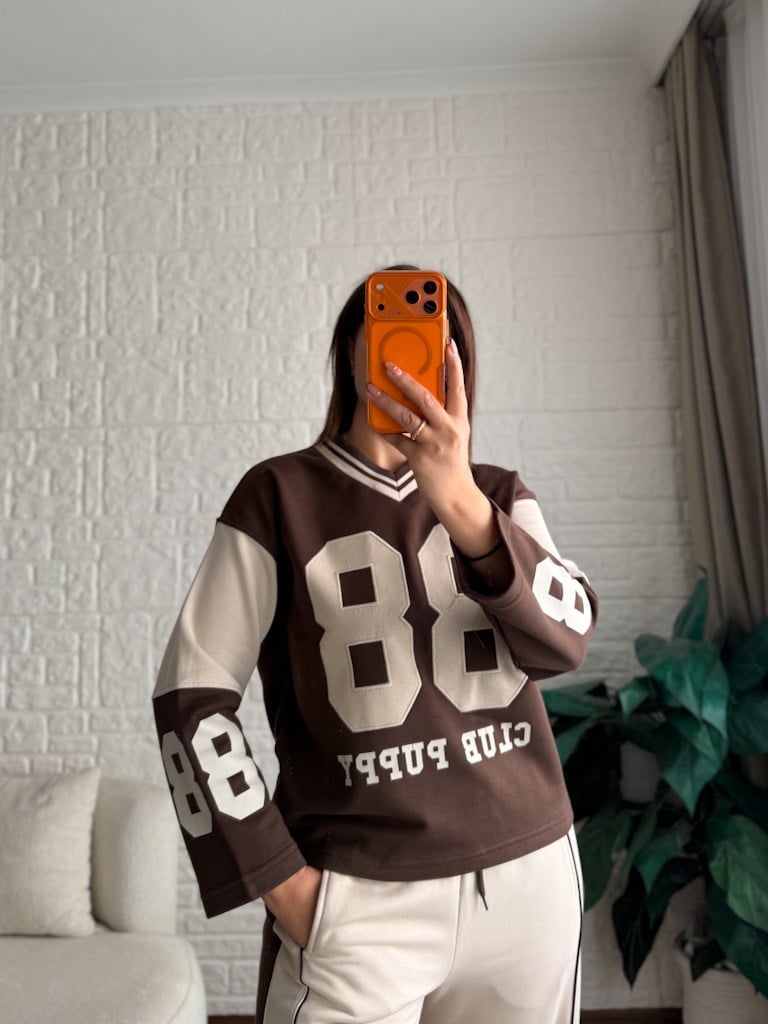 Kahve Bej V Yaka 88 Nakışlı İki iplik Pamuk Sweat