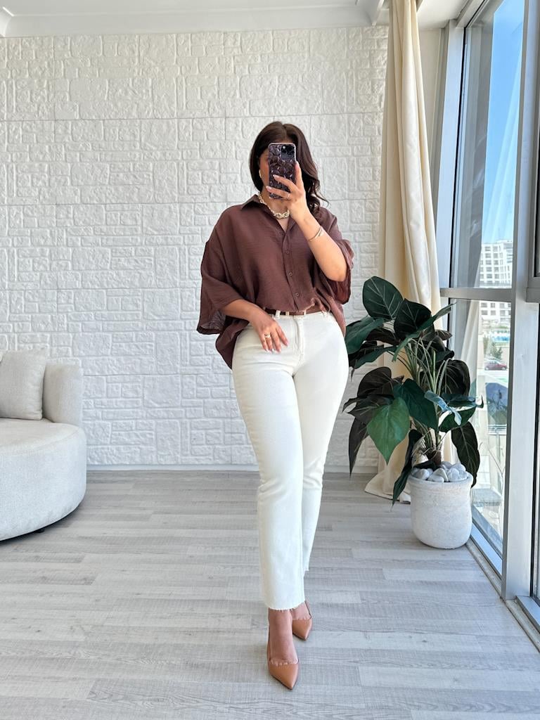 Kahve Oversize Kısa Kol Transparan Tül Gömlek