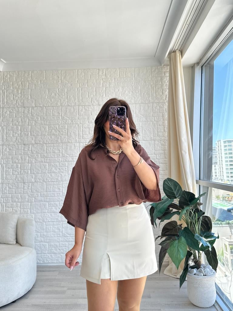 Kahve Oversize Kısa Kol Transparan Tül Gömlek