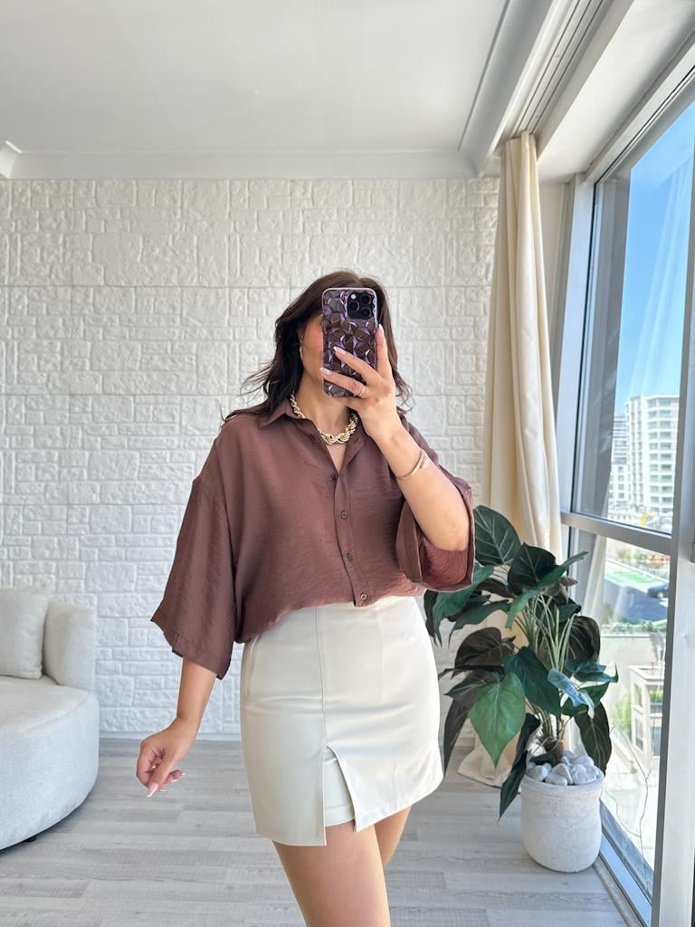 Kahve Oversize Kısa Kol Transparan Tül Gömlek