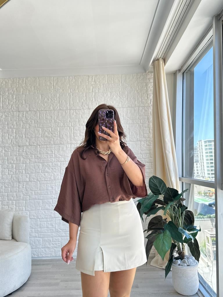 Kahve Oversize Kısa Kol Transparan Tül Gömlek