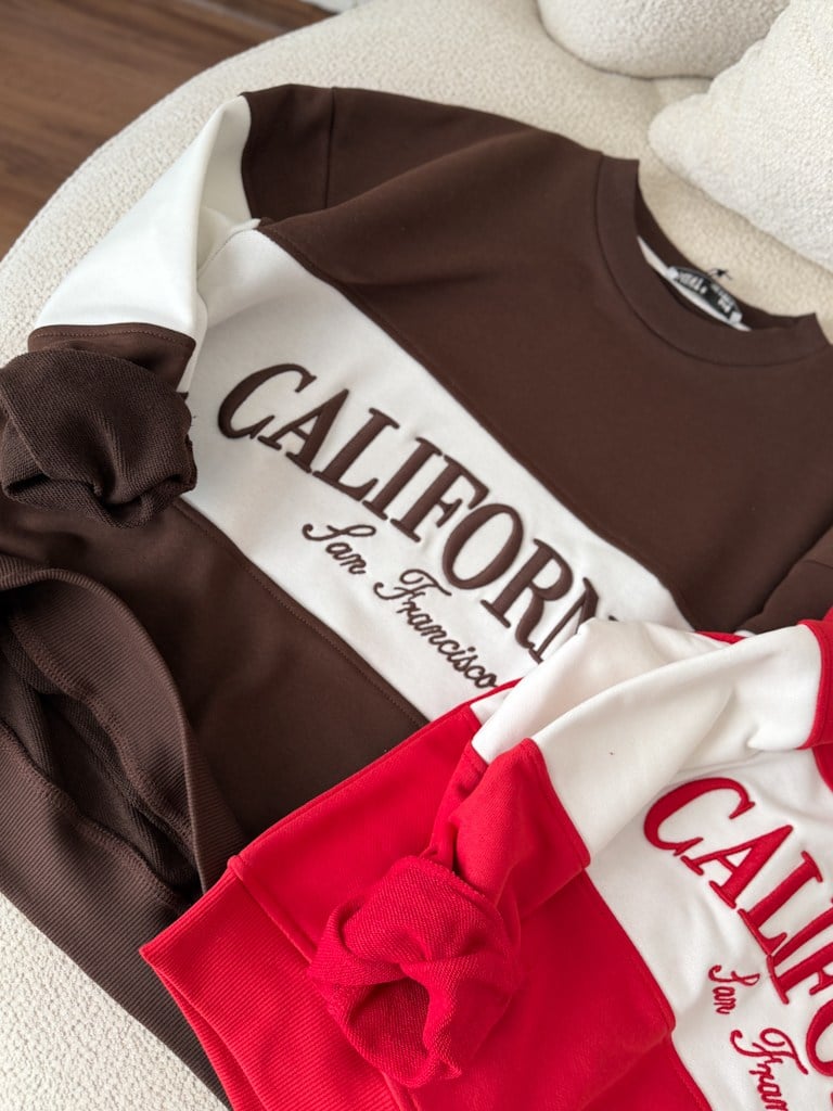 Kahverengi Ekru California Nakışlı İki İplik Pamuk Sweat