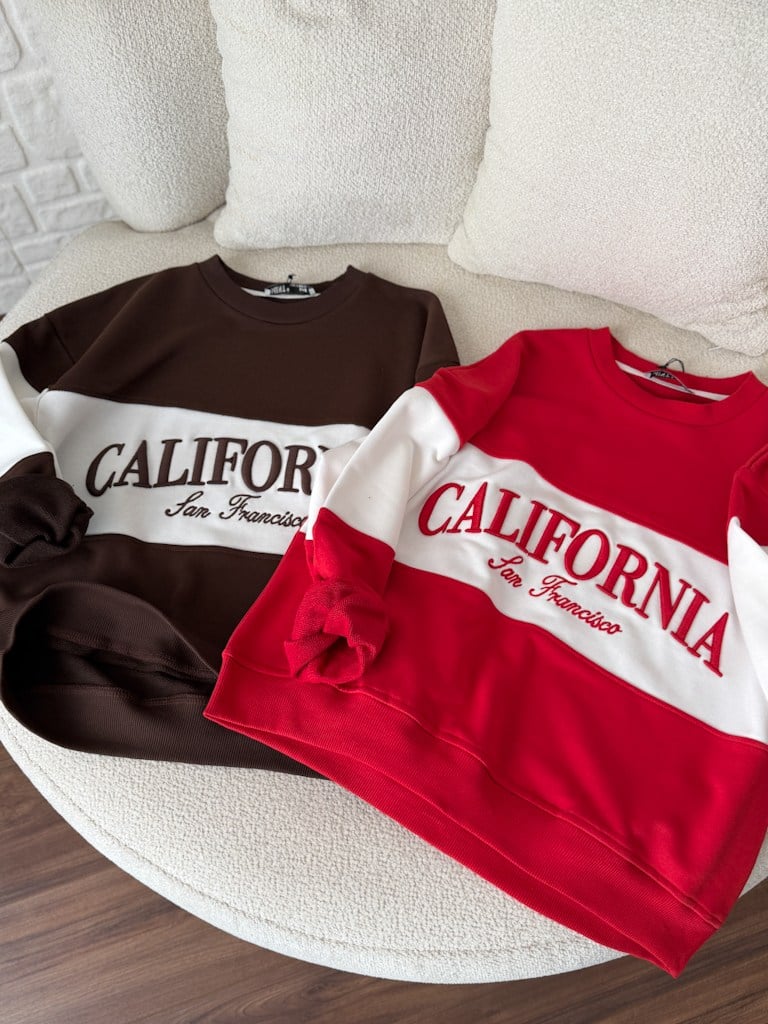 Kahverengi Ekru California Nakışlı İki İplik Pamuk Sweat