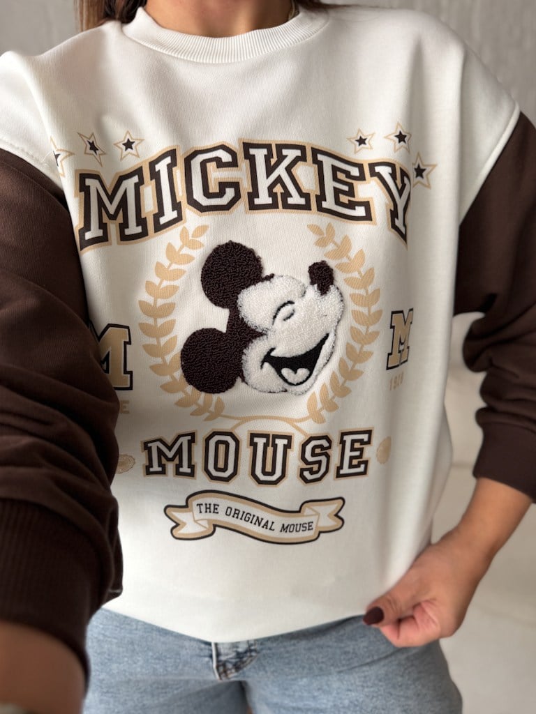 Kahverengi Ekru Mickey Panç Nakışlı İki İplik Pamuk Sweat