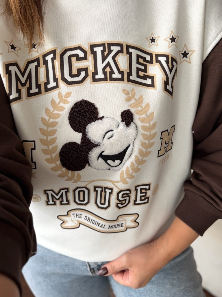 Kahverengi Ekru Mickey Panç Nakışlı İki İplik Pamuk Sweat