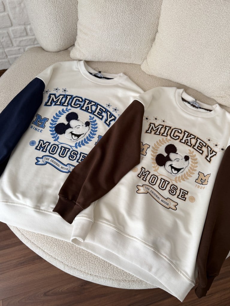 Kahverengi Ekru Mickey Panç Nakışlı İki İplik Pamuk Sweat