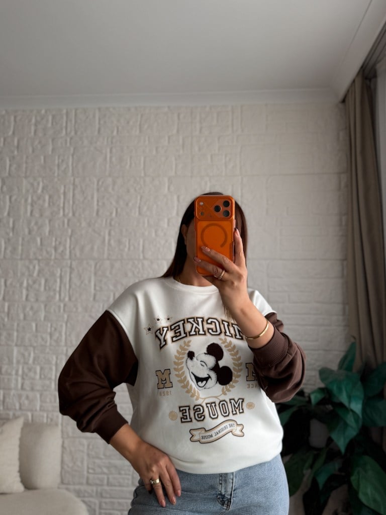 Kahverengi Ekru Mickey Panç Nakışlı İki İplik Pamuk Sweat