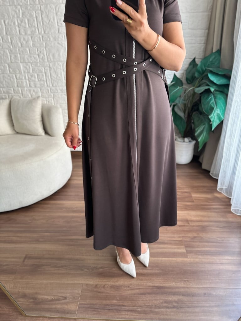 Kahverengi Fermuarlı Kuşgözü Model Modal Elbise