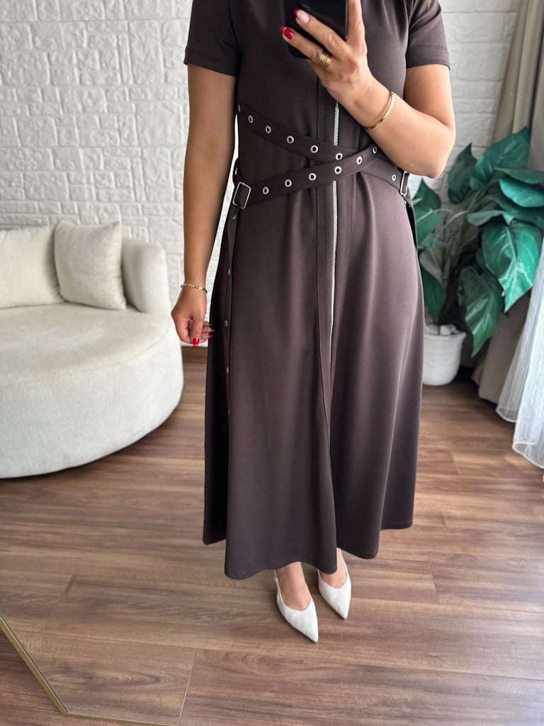 Kahverengi Fermuarlı Kuşgözü Model Modal Elbise