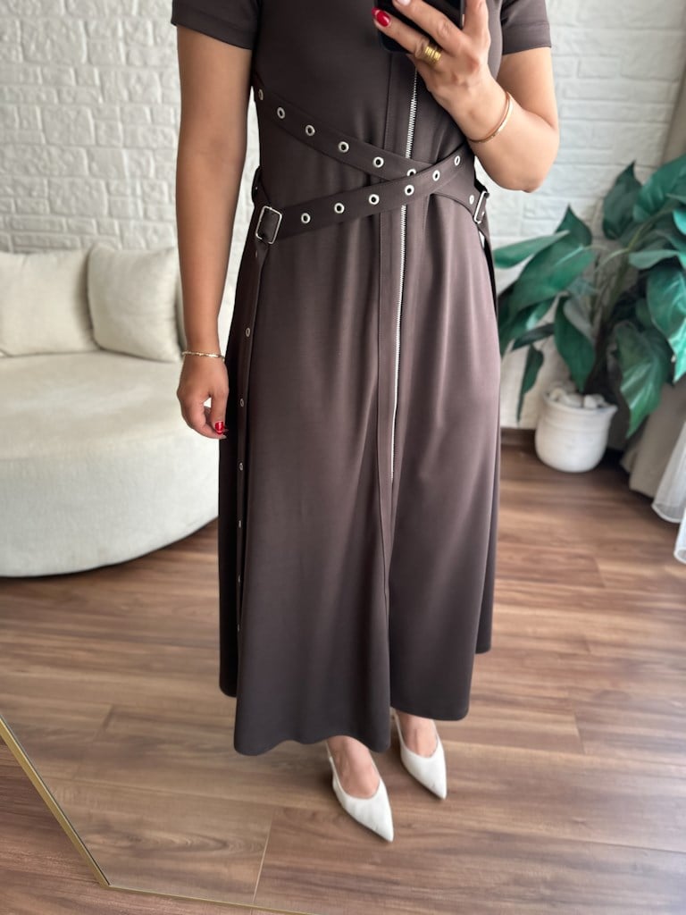 Kahverengi Fermuarlı Kuşgözü Model Modal Elbise