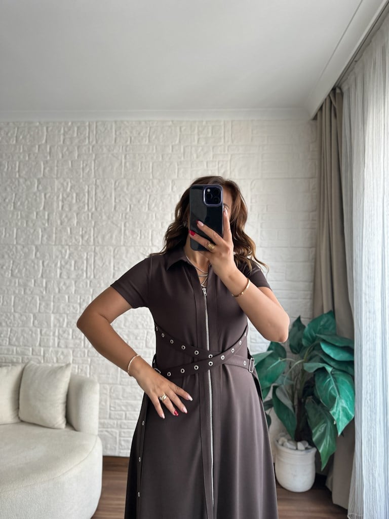 Kahverengi Fermuarlı Kuşgözü Model Modal Elbise
