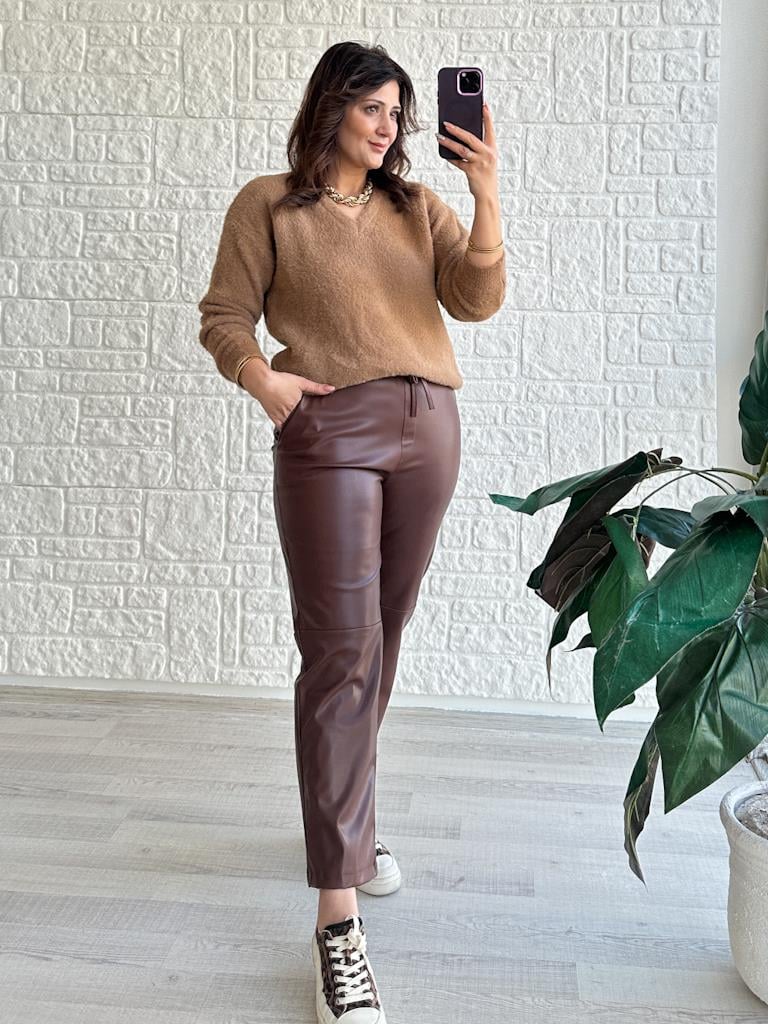 Kahverengi Marka Model Beli Lastikli Deri Pantolon