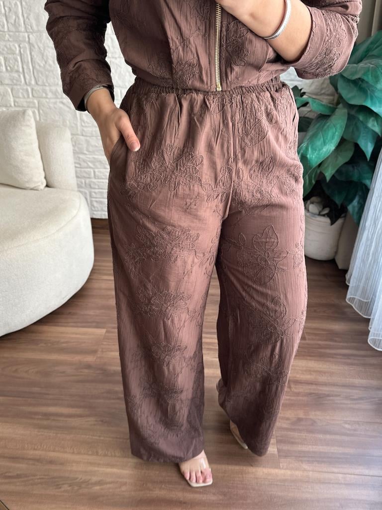 Kahverengi  Nakışlı Fermuarlı Ceket Pantolon Takım