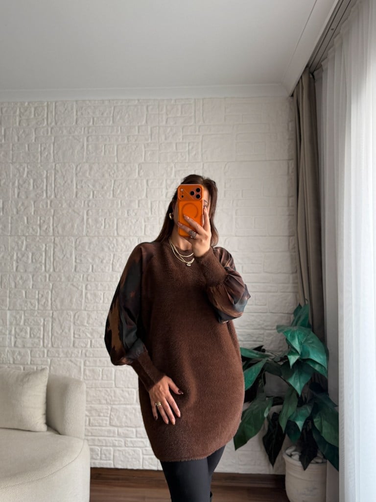 Kahverengi Reglan Kol Kumaş Detalı Yumoş Tunik
