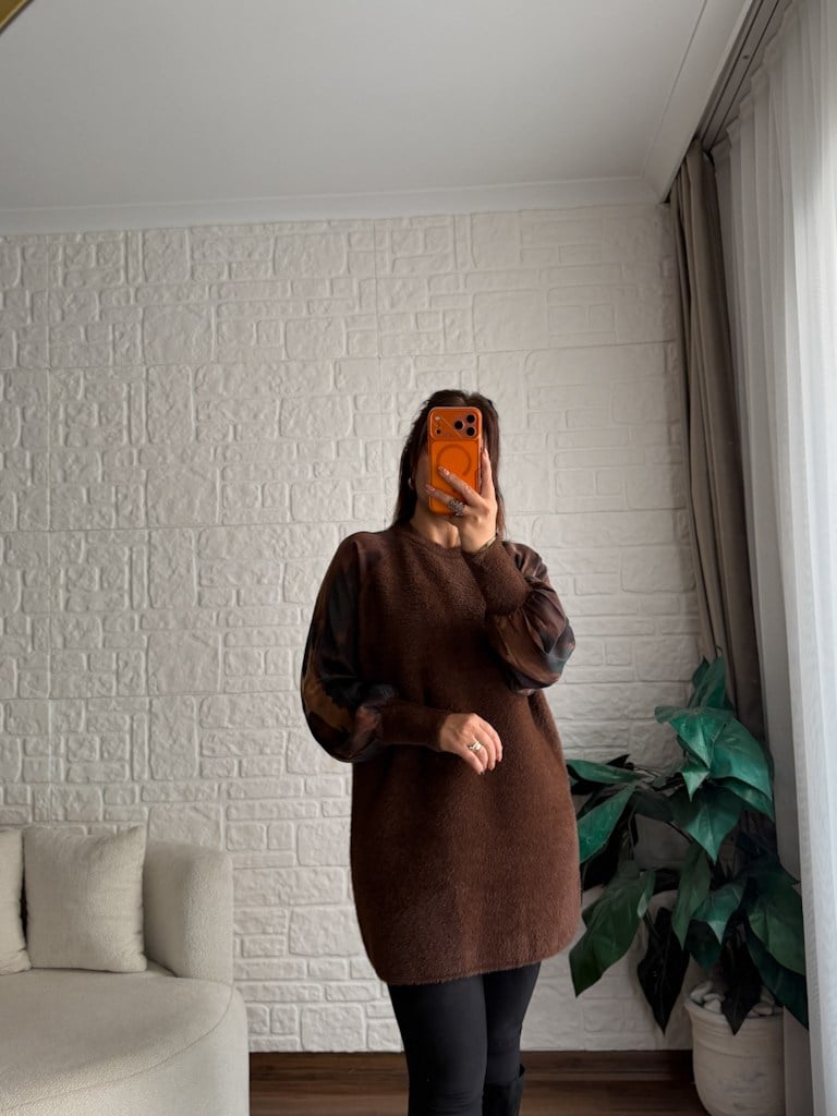 Kahverengi Reglan Kol Kumaş Detalı Yumoş Tunik
