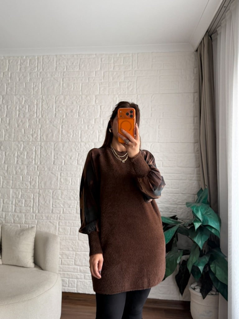 Kahverengi Reglan Kol Kumaş Detalı Yumoş Tunik
