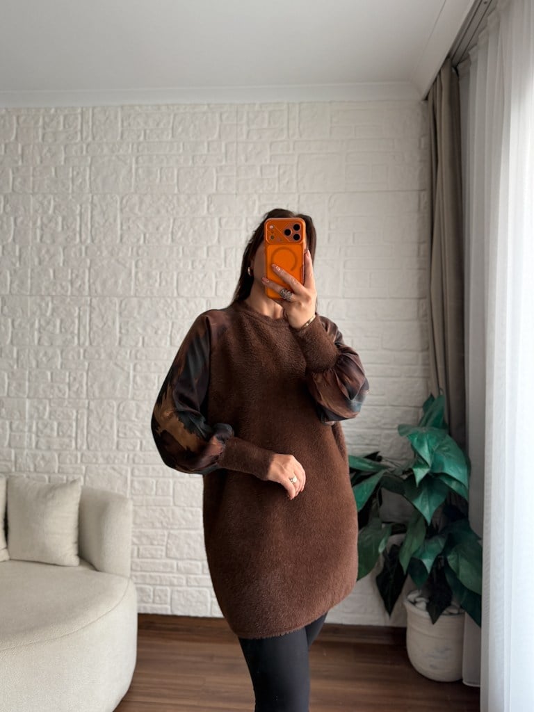 Kahverengi Reglan Kol Kumaş Detalı Yumoş Tunik