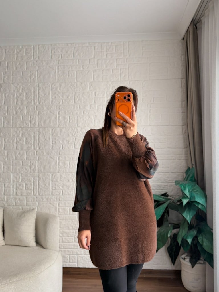 Kahverengi Reglan Kol Kumaş Detalı Yumoş Tunik