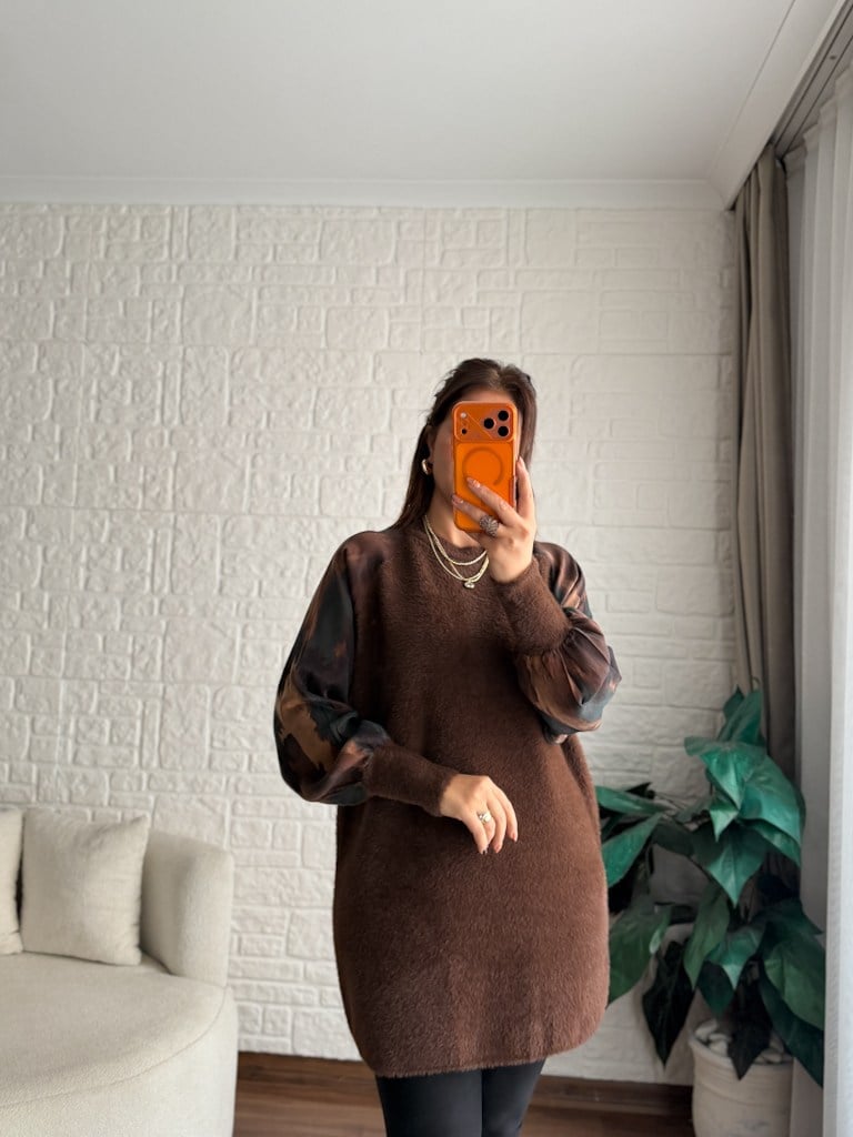 Kahverengi Reglan Kol Kumaş Detalı Yumoş Tunik