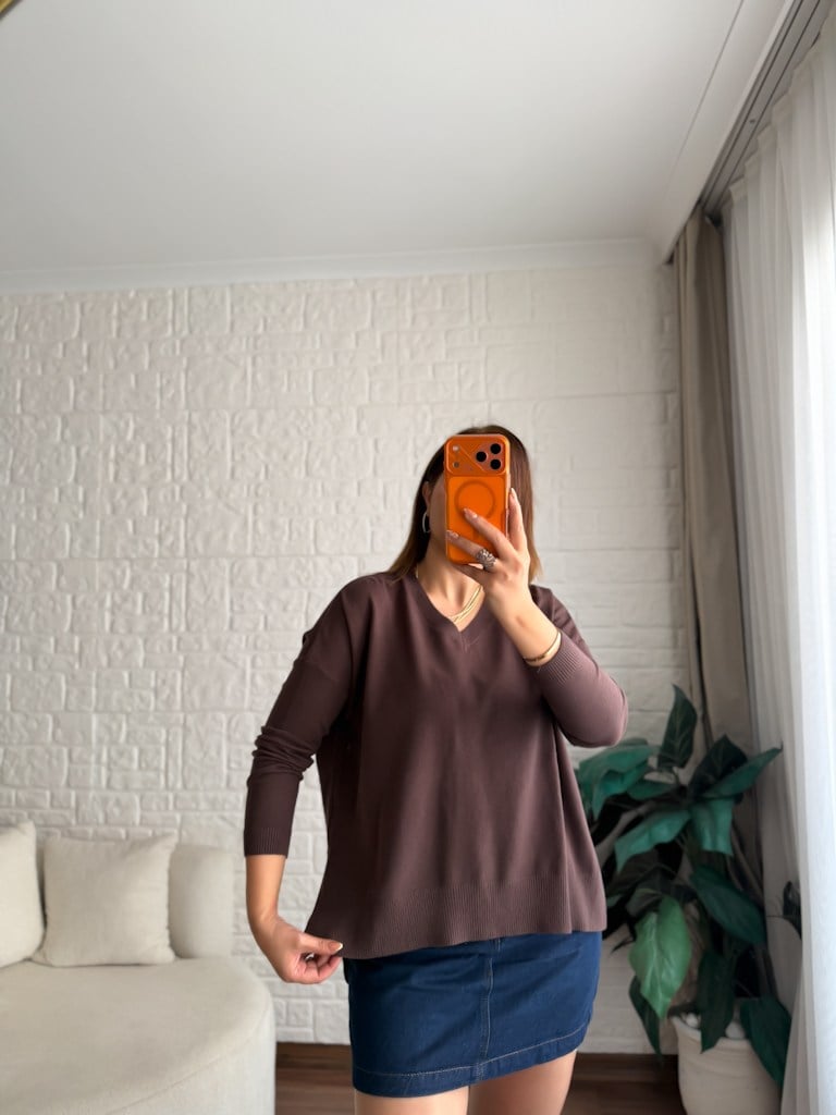 Kahverengi V Yaka Oversize Kazak