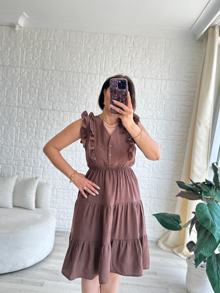 Kahverengi Yaka Fırfır Detay Modal Elbise