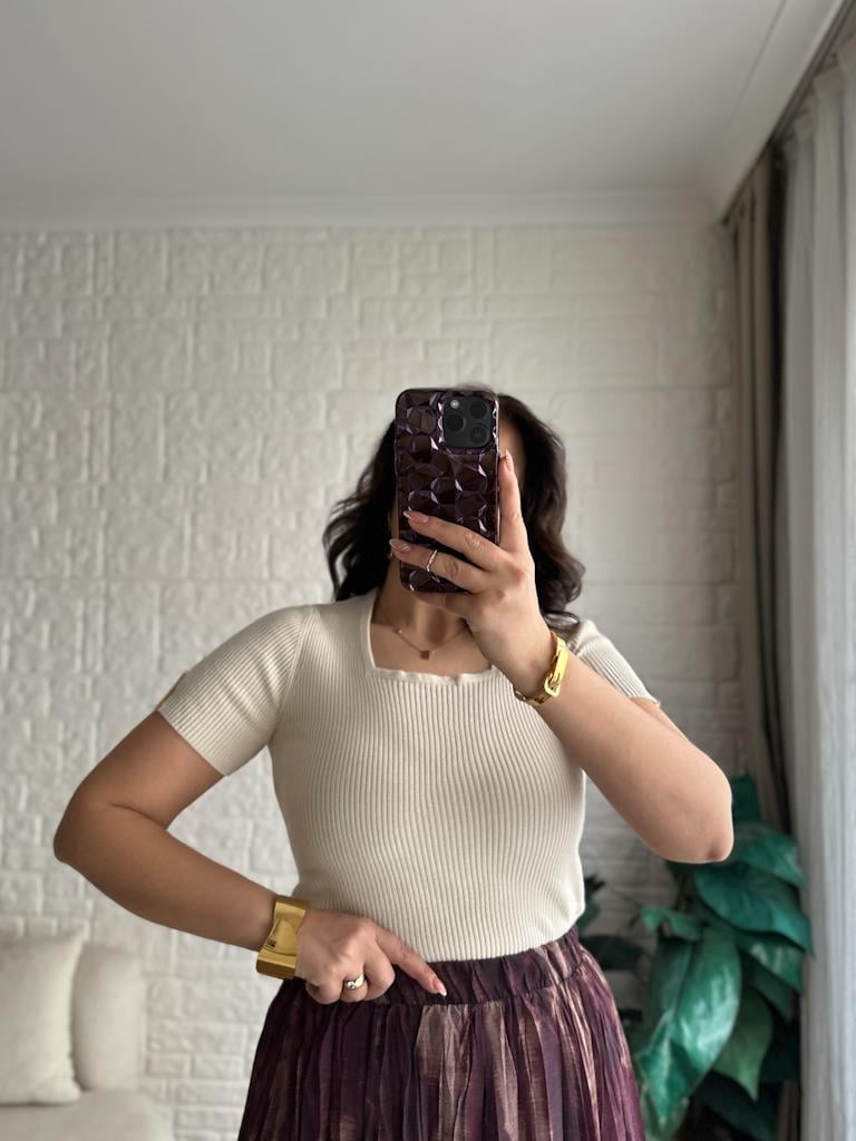 Kare Yaka Full Likralı Yarım Kol Premium Triko  Bluz
