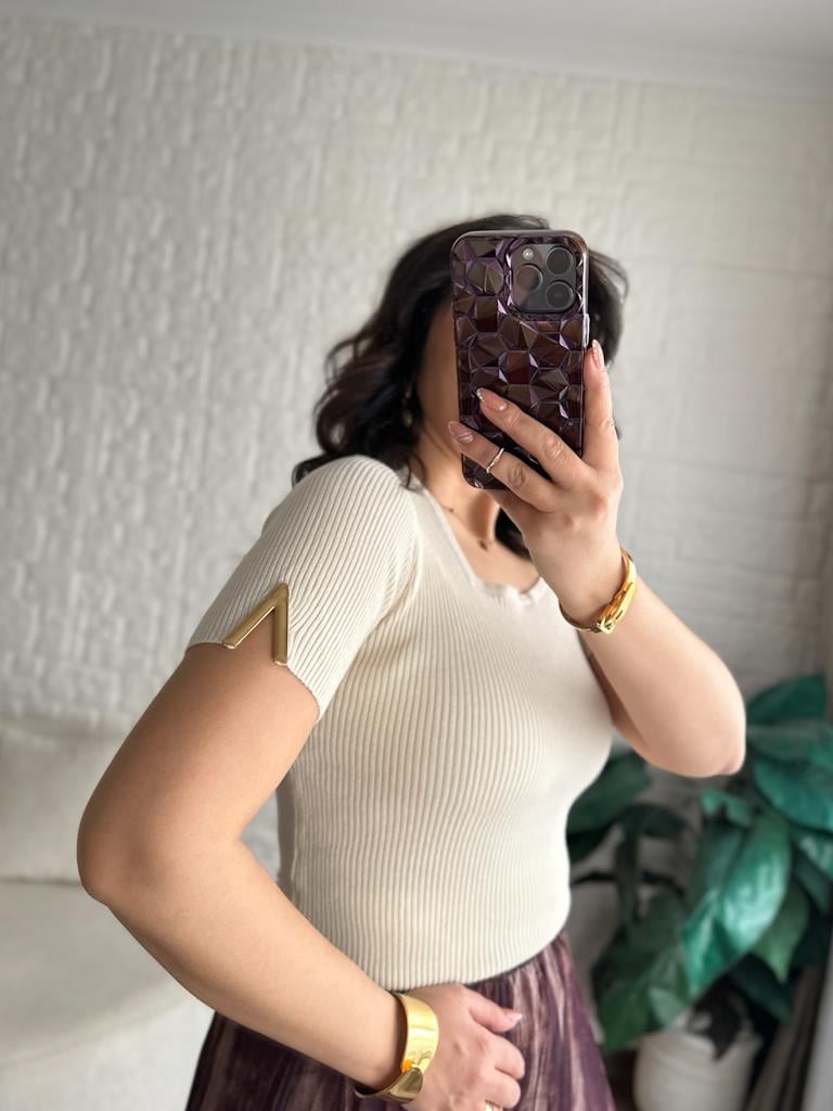Kare Yaka Full Likralı Yarım Kol Premium Triko  Bluz