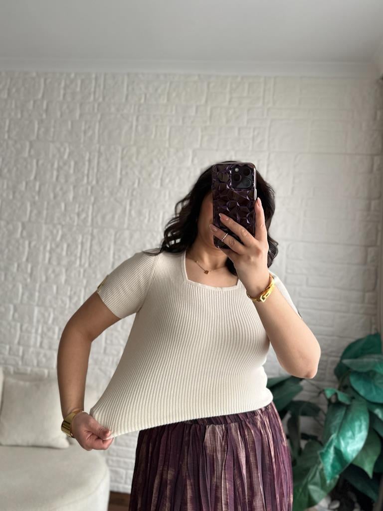 Kare Yaka Full Likralı Yarım Kol Premium Triko  Bluz