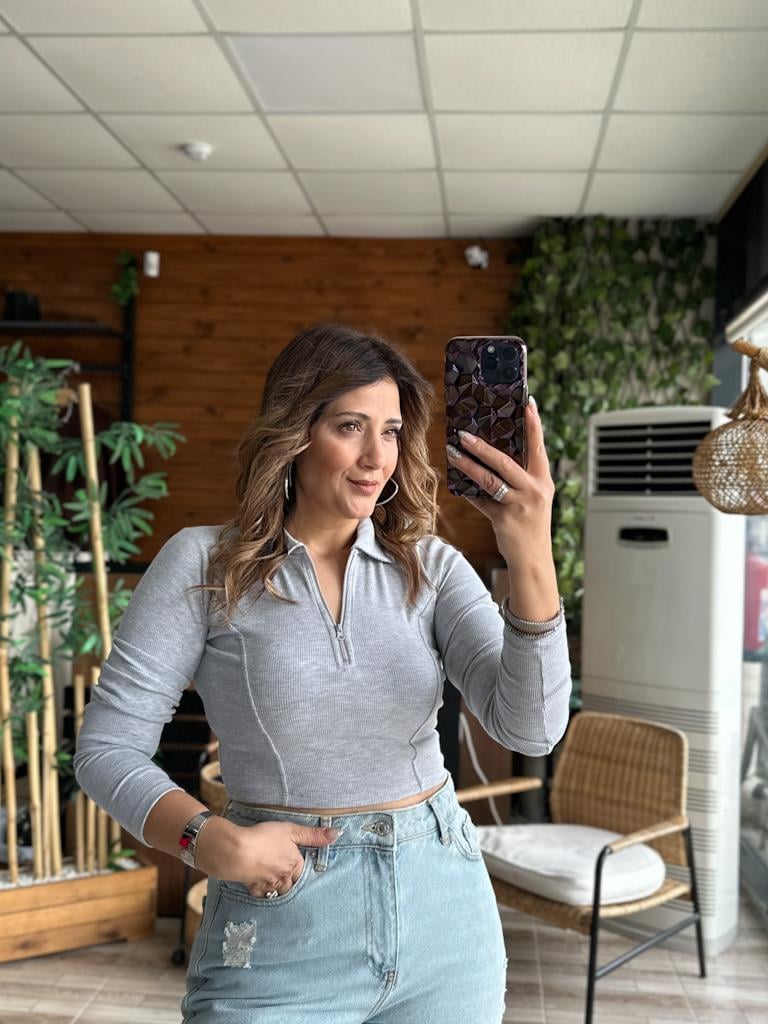Karol Fermuarlı Likralı Kaşkorse Crop Bluz Gri