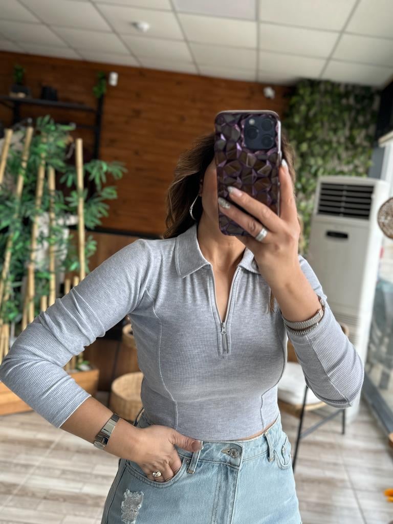 Karol Fermuarlı Likralı Kaşkorse Crop Bluz Gri