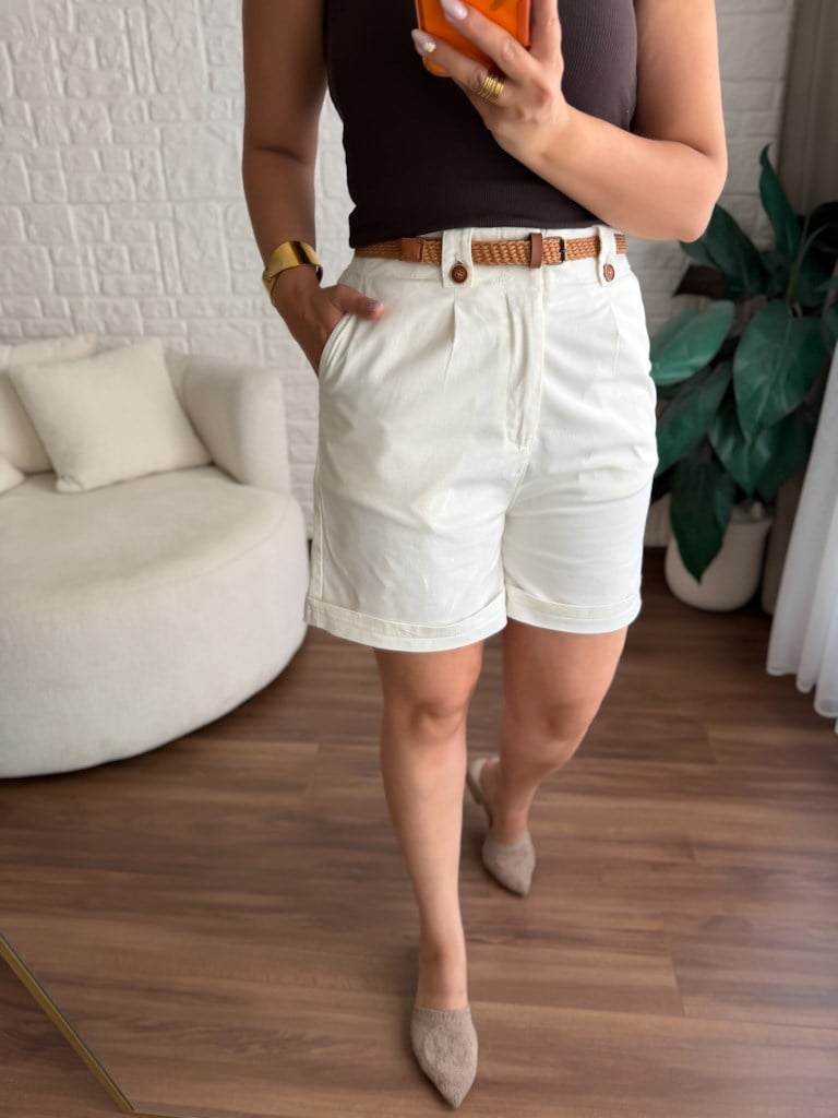 Kemerli Duble Paça Arka Bel Lastikli Jean Şort Krem