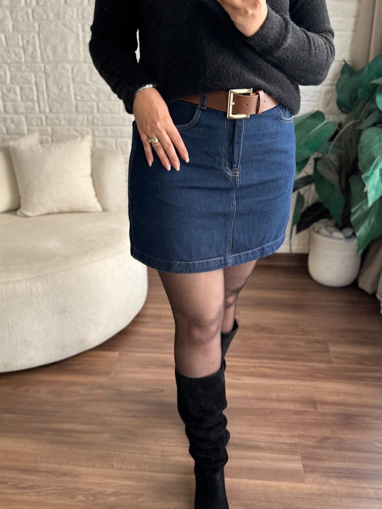 Kemerli Mini Kot Etek Lacivert