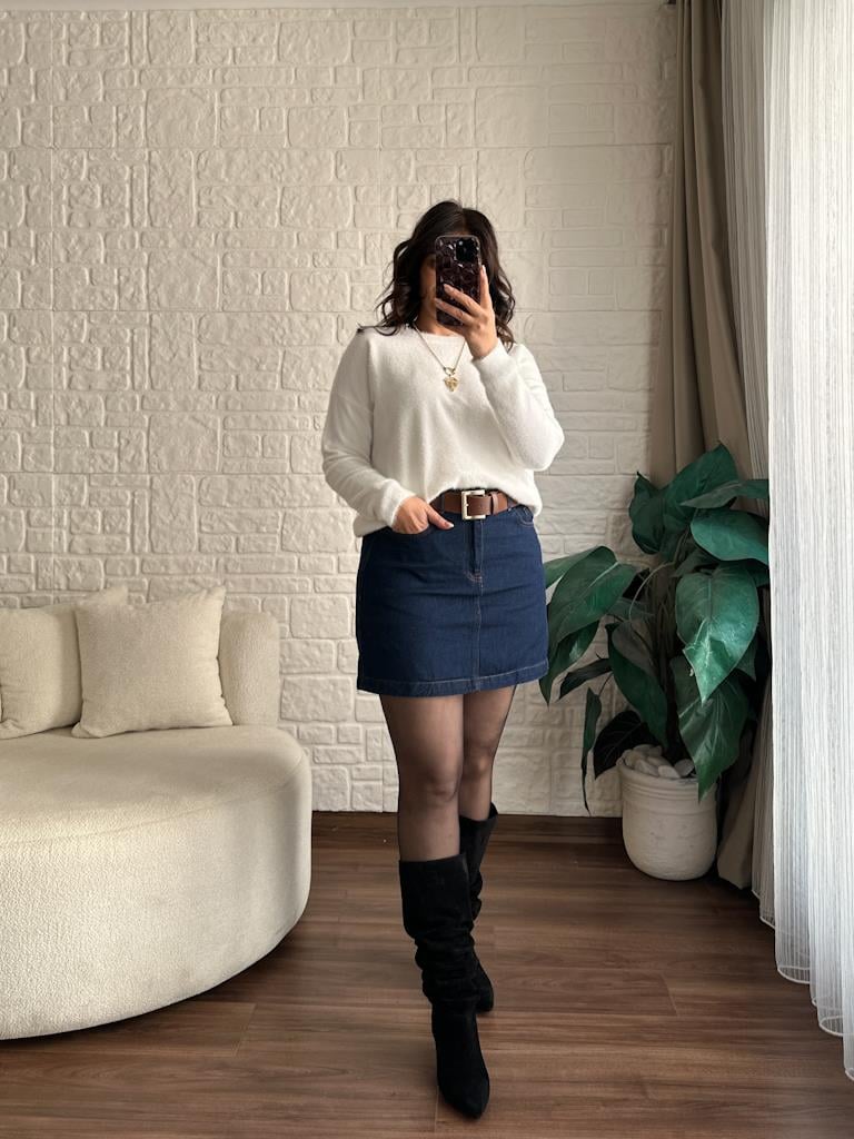 Kemerli Mini Kot Etek Lacivert