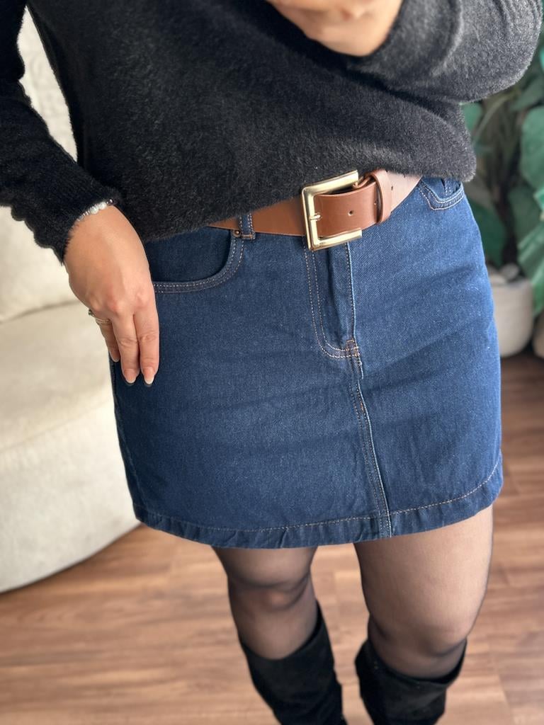 Kemerli Mini Kot Etek Lacivert