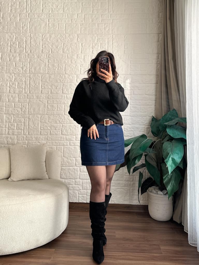 Kemerli Mini Kot Etek Lacivert
