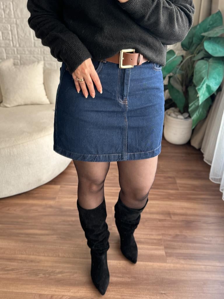 Kemerli Mini Kot Etek Lacivert