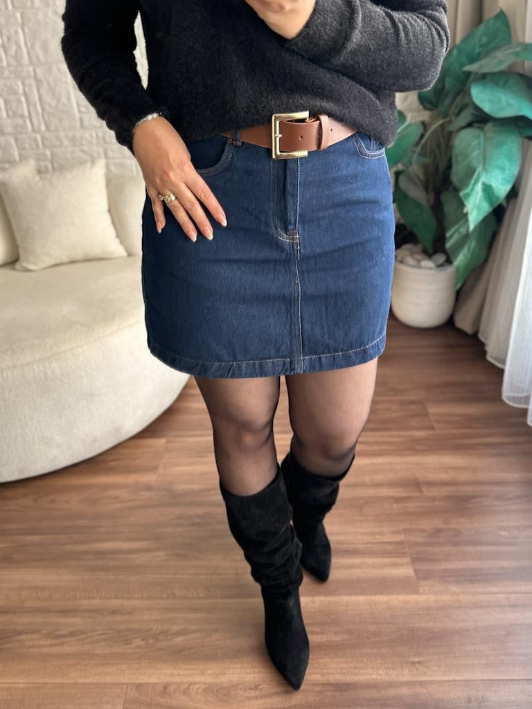Kemerli Mini Kot Etek Lacivert