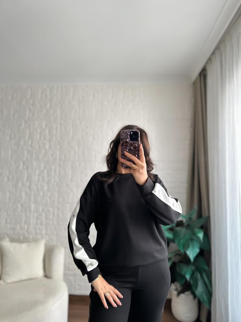 Kenar Beyaz Şerit Çıtçıt Detaylı Modal Kumaş Takım Siyah