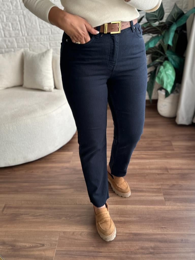 Kesik Paça Yüksek Bel Mom Fit Lacivert