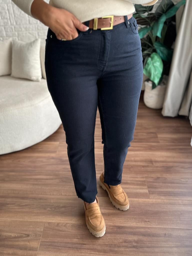 Kesik Paça Yüksek Bel Mom Fit Lacivert