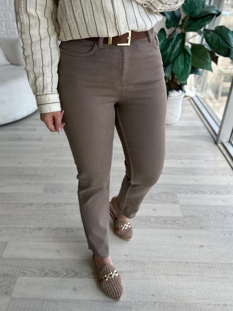 Kesik Paça Yüksek Bel Mom Fit Vizon