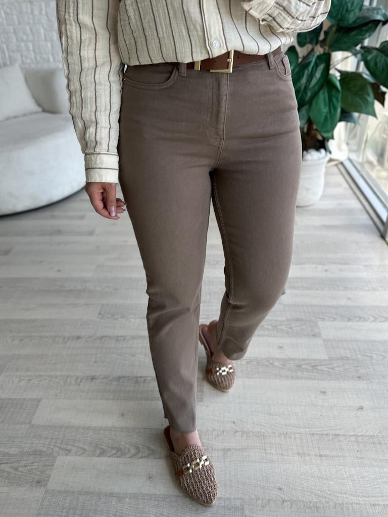Kesik Paça Yüksek Bel Mom Fit Vizon