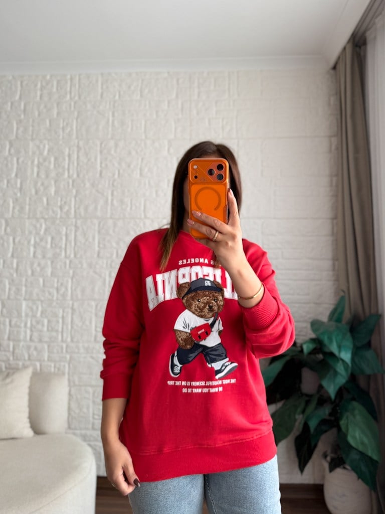 Kırmızı California Ayı Pançlı İki İplik Pamuk Sweat