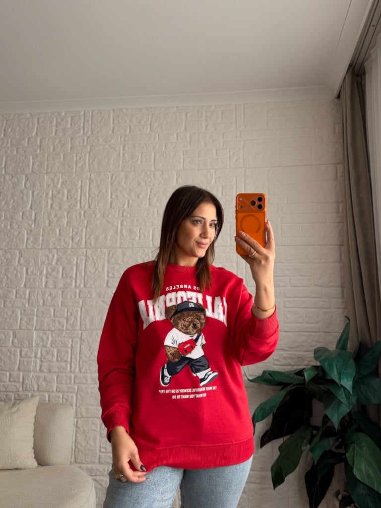 Kırmızı California Ayı Pançlı İki İplik Pamuk Sweat